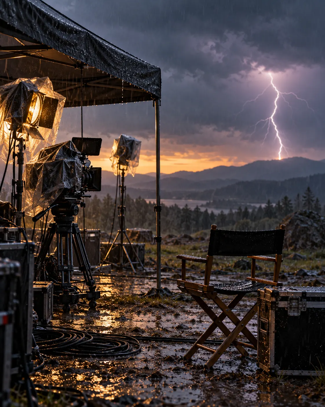AI-generated symbolic image of an outdoor film set during a storm; it does not depict Jim Caviezel or document the reported incident.