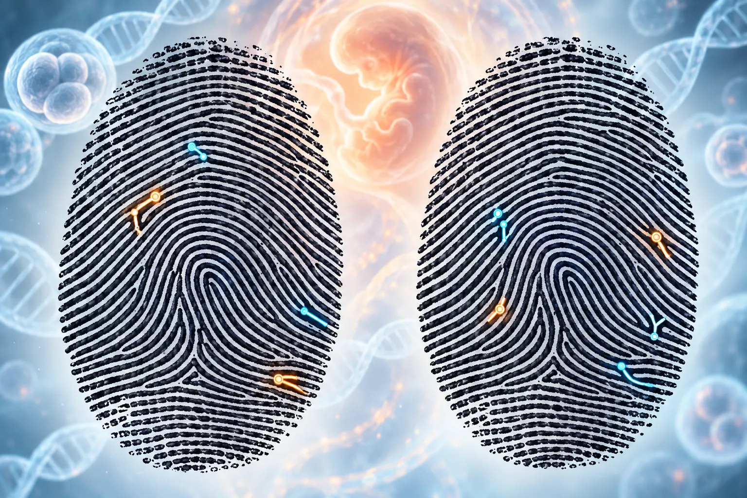 Synthetic diagram of similar but distinct fingerprint patterns; not real biometric data.