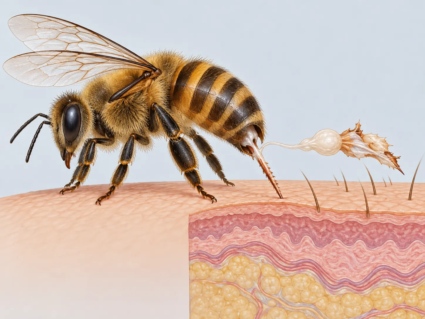 AI-generated non-graphic explanatory illustration of a worker honeybee stinger lodged in a simplified skin cross-section. Created 2026-10-13 with OpenAI image generation. No external creator, source URL, or reuse license. Not a photograph, medical diagram, or depiction of a real case; disclosure included in the post.