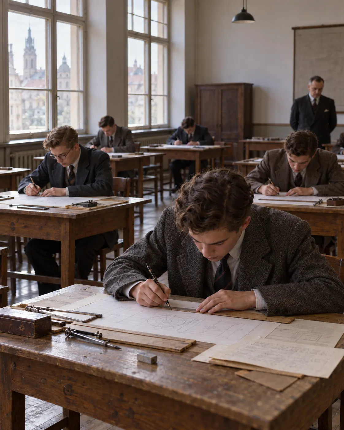 AI-generated generic engineering entrance exam scene, evoking the polytechnic exam Lem recalled passing.