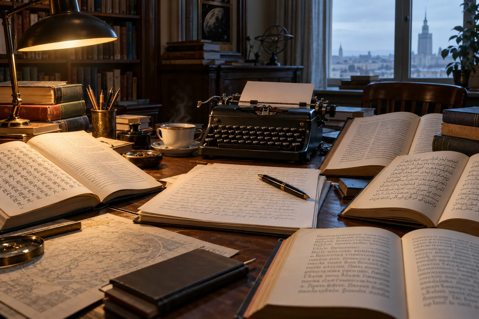 Титульна AI-згенерована ілюстрація / AI-generated cover illustration. A Polish manuscript, typewriter, and open books in several scripts suggest Lem’s multilingual reading and writing.