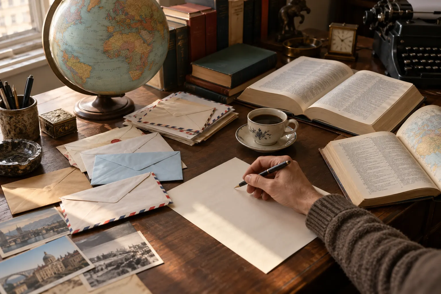 AI-generated still life of unmarked letters, dictionaries, and books on a writer’s desk, suggesting multilingual correspondence.
