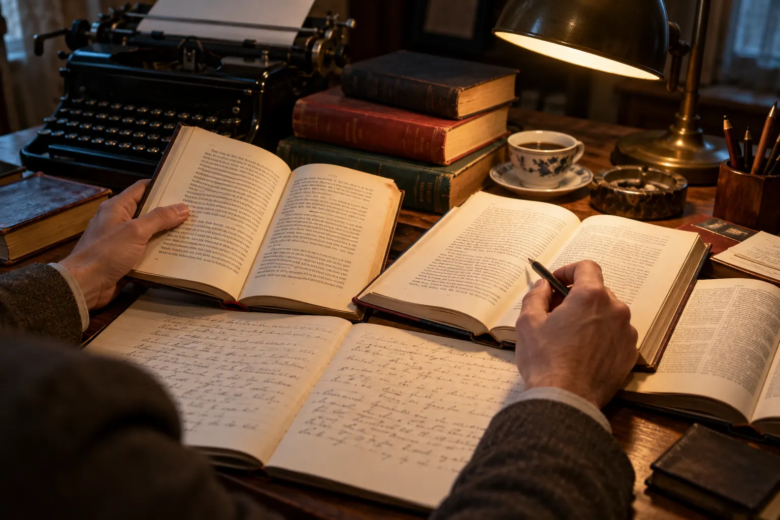 AI-generated illustration of a reader comparing foreign-language editions, reference dictionaries, and a Polish manuscript.