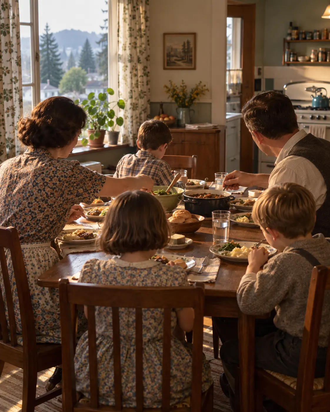 AI-generated generic family of five sharing a meal, evoking Le Guin and her husband raising three children.