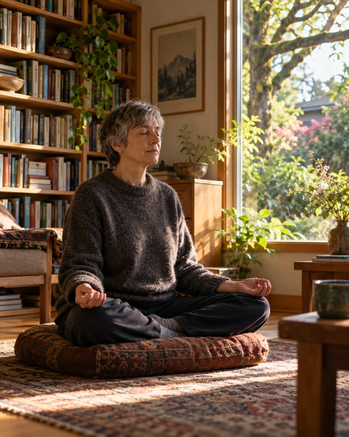 AI-generated generic image of an anonymous adult meditating at home, evoking Le Guin’s stated Buddhist practice.