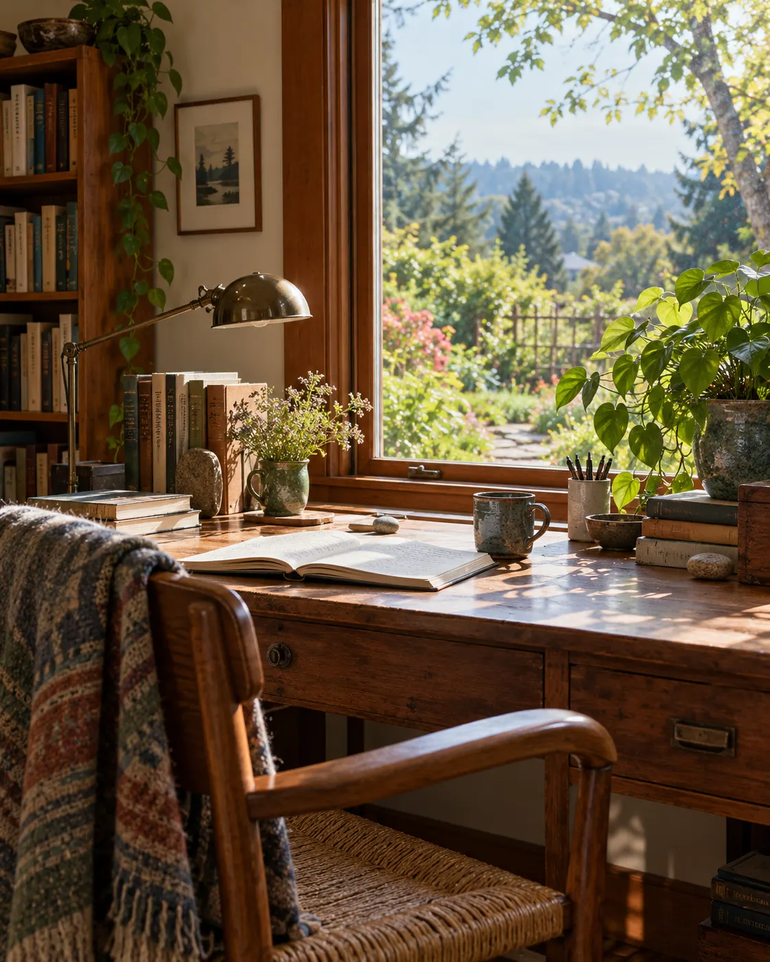 Титульна AI-згенерована ілюстрація / AI-generated cover illustration. A quiet generic Portland writing room, garden and open book evokes Le Guin’s home life; it is not a depiction of her actual house.
