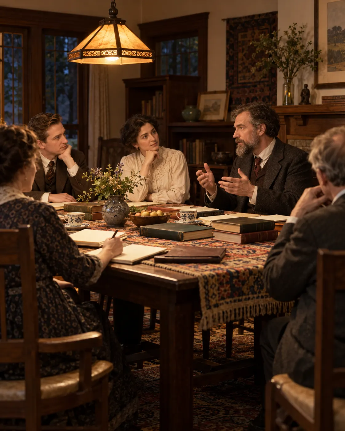 AI-generated generic historical scene of an academic discussion at home; no real people are depicted. Prompt: “Photorealistic editorial reconstruction of an early twentieth-century academic gathering in a Berkeley home: a small group of anonymous adults around a dining table with books and notebooks, listening in thoughtful conversation, period clothing, warm lamplight, vertical 4:5. Do not portray real people or claim to depict the Kroeber family or their guests. No legible text, stereotyped costumes, or logos.” Generated 2026-10-19.