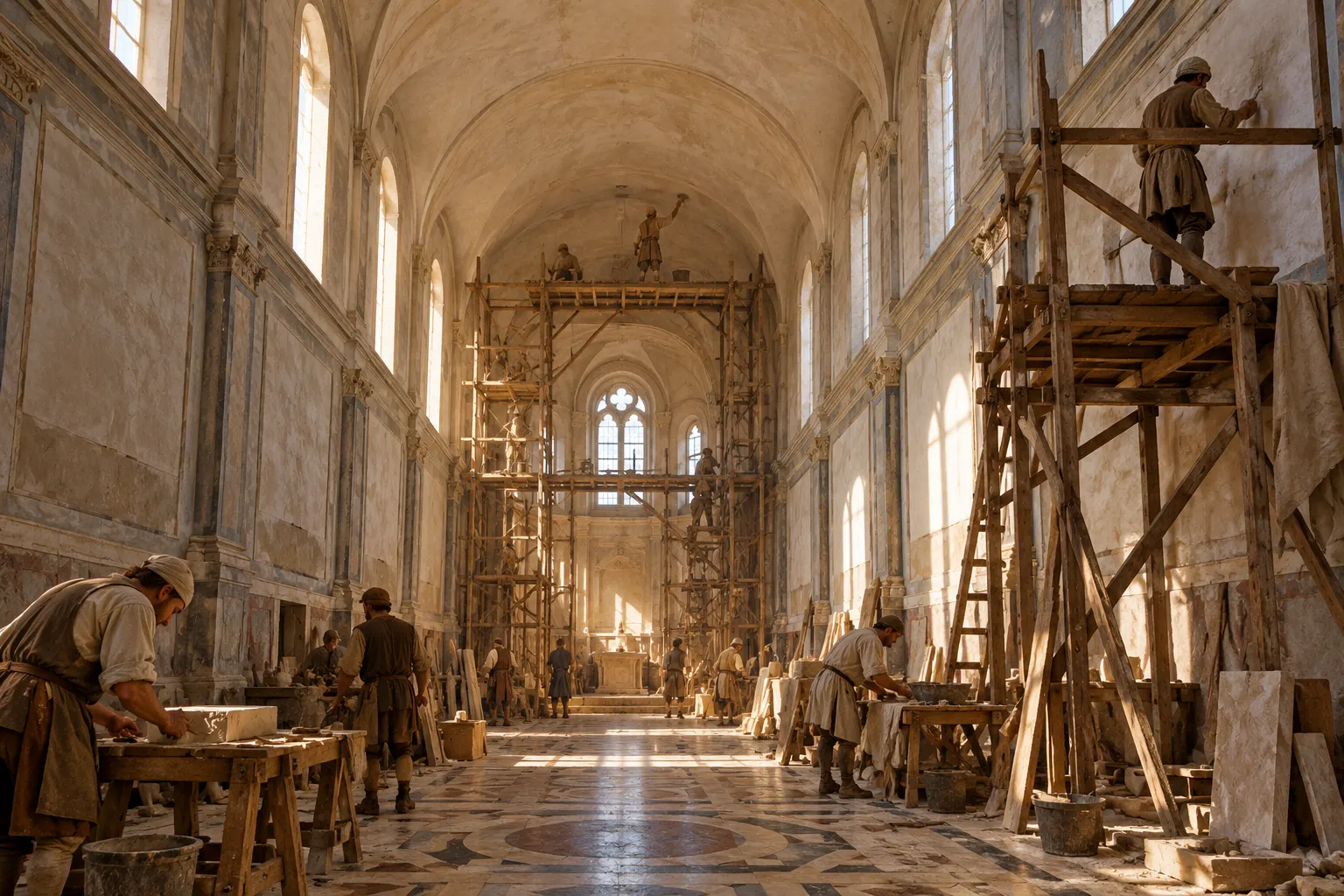 Титульна AI-згенерована ілюстрація / AI-generated cover illustration. Imagined late-fifteenth-century chapel construction, unpainted plaster, scaffolding and period craftsmen; not an exact reconstruction of the Sistine Chapel.