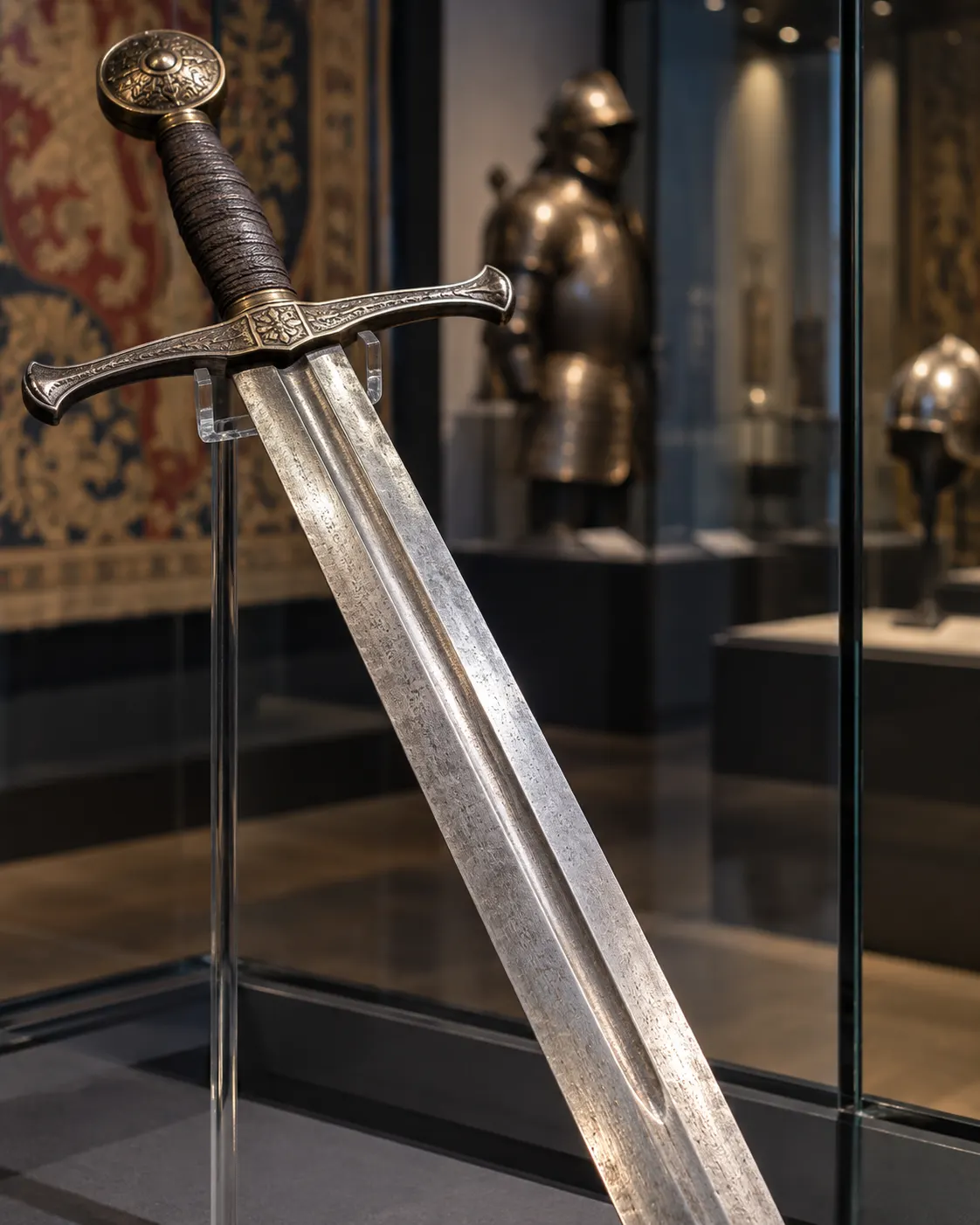 AI-generated with OpenAI image generation. Prompt: “Photorealistic editorial cover for a museum article correcting the sword ‘blood groove’ myth. A historical European sword displayed in a museum case with its central blade groove visible under soft side lighting, no blood, no combat, no people, no readable text or logos. Educational artifact photography, portrait 4:5.”