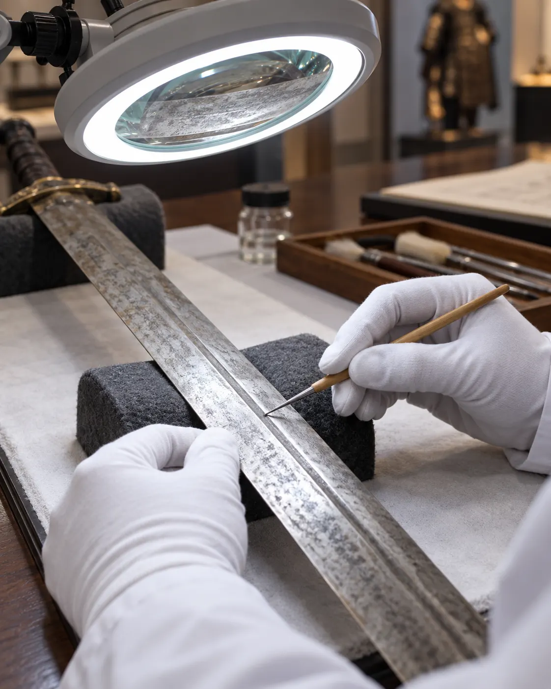 AI-generated with OpenAI image generation. Prompt: “Distinct photorealistic editorial conservation scene: a museum conservator studies the shallow lengthwise groove of a historical steel blade under a magnifying lamp, only gloved hands visible, no blood, no weapons in use, no readable text, no logos. Calm technical documentation, portrait 4:5.”
