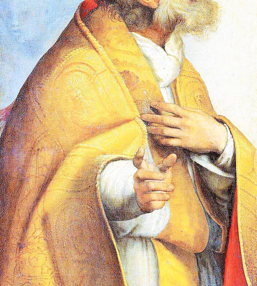 Crop showing Pope Sixtus’s hand in the same public-domain reproduction; used to inspect the apparent extra digit.
