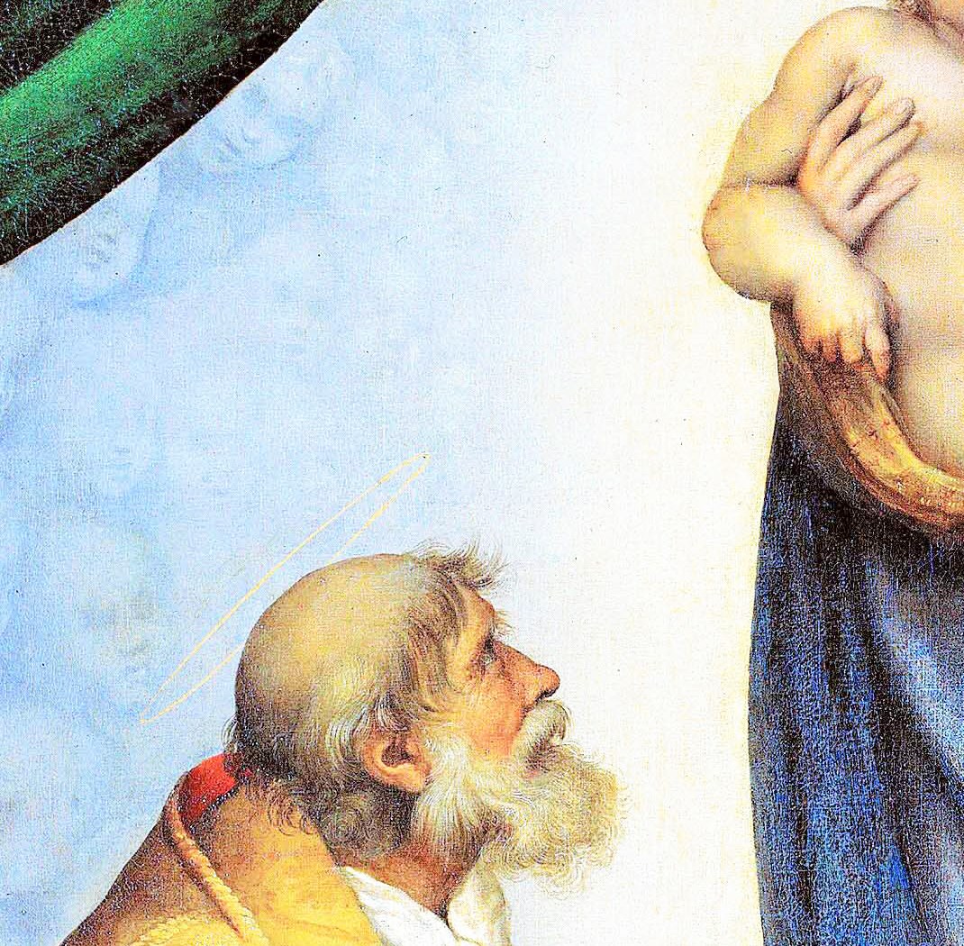 Crop of the blue cloud/sky area in the same public-domain reproduction; used to inspect the angel heads.