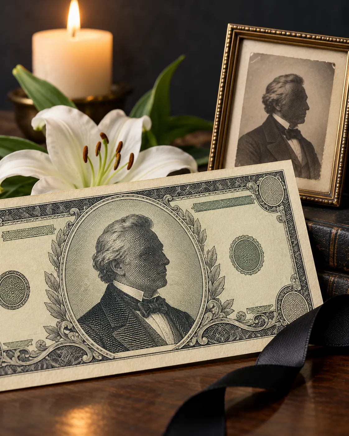 AI-generated symbolic portrait-like silhouette on a generic banknote, representing the deceased-person rule for U.S. currency. It is not an actual note or person. Generated with OpenAI image generation; no external source or reuse license applies.