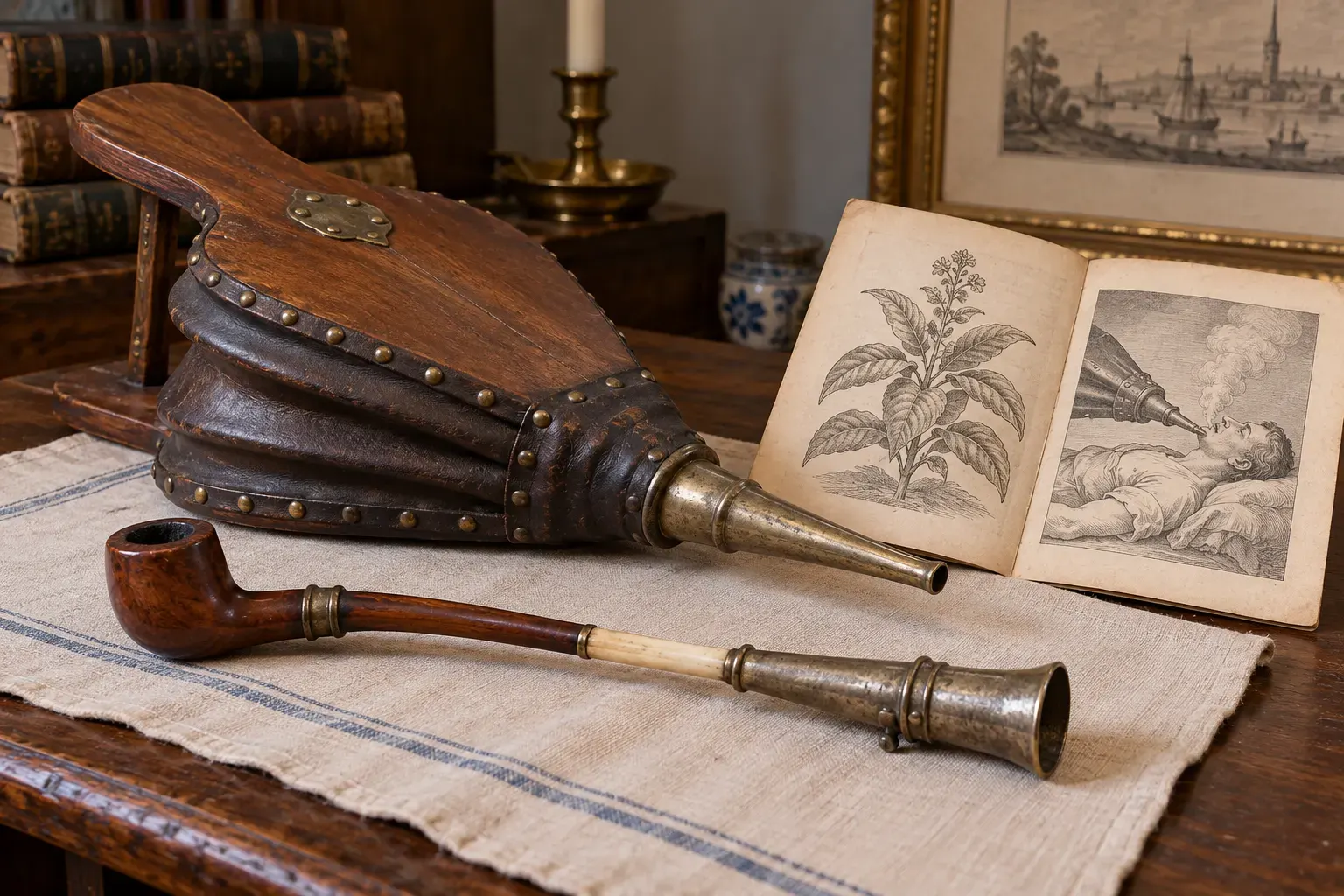 схематична ілюстрація, створена ШІ. Промпт: “Museum-style historical illustration of an 18th-century tobacco smoke resuscitation kit with hand bellows, pipe and metal nozzle displayed on a table beside medical pamphlet, no person depicted, educational and non-graphic, no text.”
