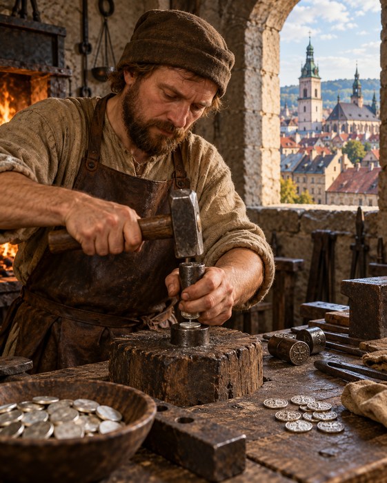 A mint worker strikes a generic coin blank in a reconstructed Lviv workshop.