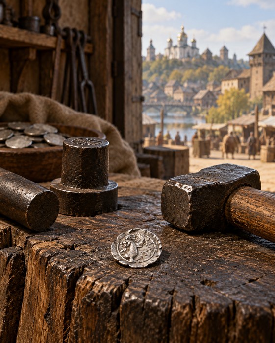 A generic silver coin and minting tools in a reconstructed fourteenth-century workshop; not an exact documented issue.