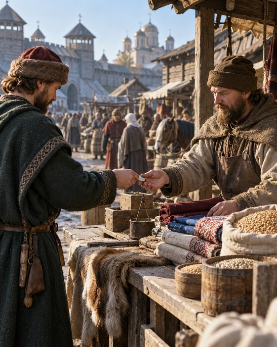 A market exchange using a generic silver coin in a reconstructed medieval Kyiv street.