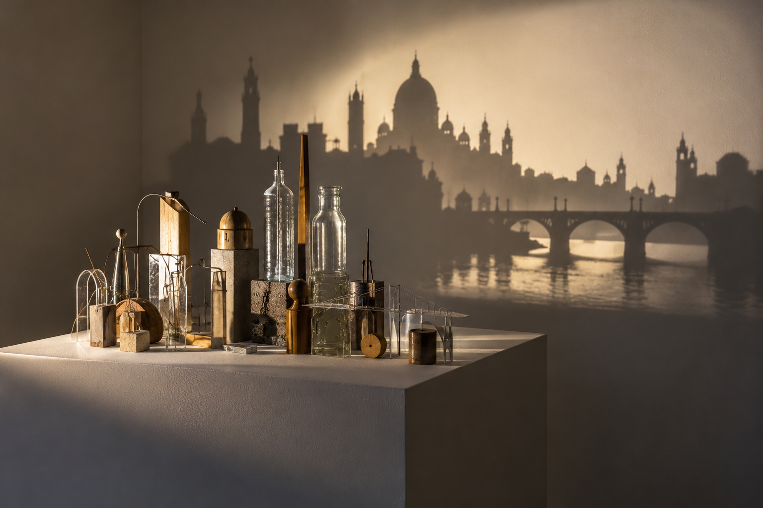 Титульна AI-згенерована ілюстрація / AI-generated cover illustration. Found objects on a plinth cast a conceptual cityscape shadow in a gallery.
