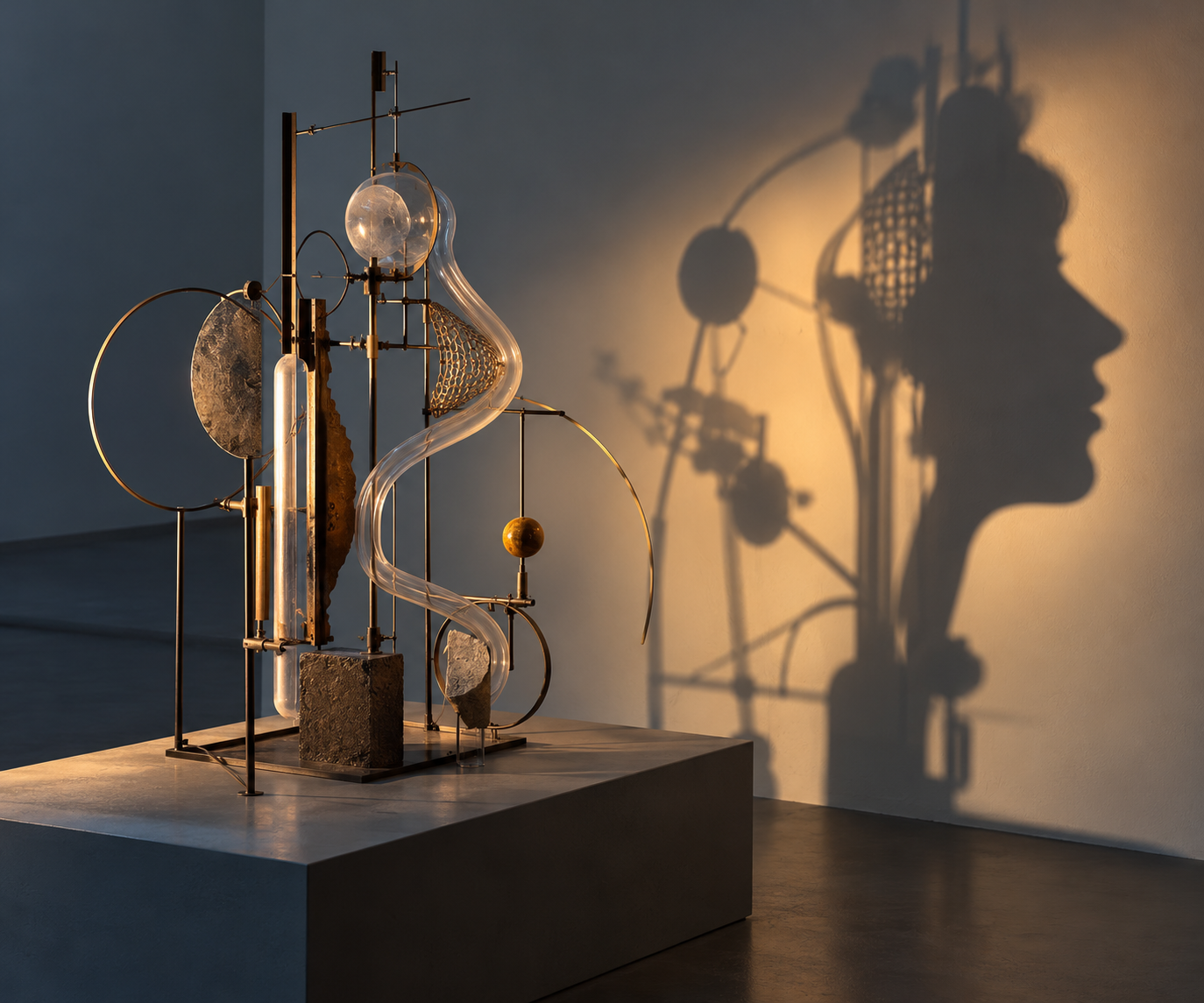 AI-generated conceptual reconstruction of arranged rods and found objects casting a human-profile shadow.