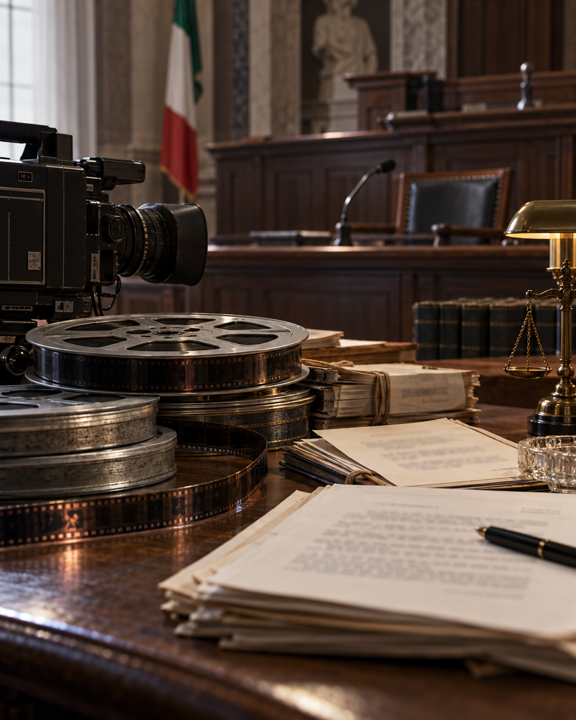 AI-generated symbolic depiction of legal scrutiny around a controversial film; no real case documents or identifiable people are shown.