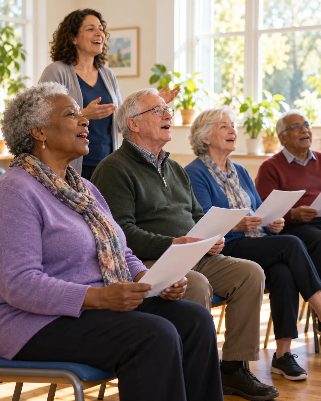 AI-generated illustration of a small group singing, created for related fact 2129 on 2026-10-25 and reused to illustrate music engagement; not a clinical patient or evidence of memory restoration. Prompt/provenance: `fact-publications/fact-2129/media.md`.