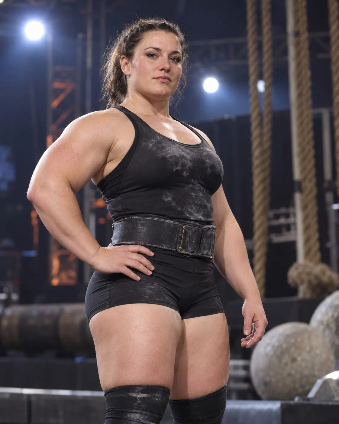 AI-generated cover portrait of a fictional adult female strongwoman; not Aneta Florczyk and not the 2008 challenge. Prompt: “Photorealistic vertical 4:5 editorial cover portrait of a fictional adult female strongwoman standing confidently on an indoor strength-sport stage, athletic build, simple dark competition outfit, ropes and stage lights softly blurred in background, respectful sports documentary photography. Not Aneta Florczyk and not her 2008 record attempt; no lifting or throwing people. No text, logos, signs or numbers.” Generated 20 October 2026.