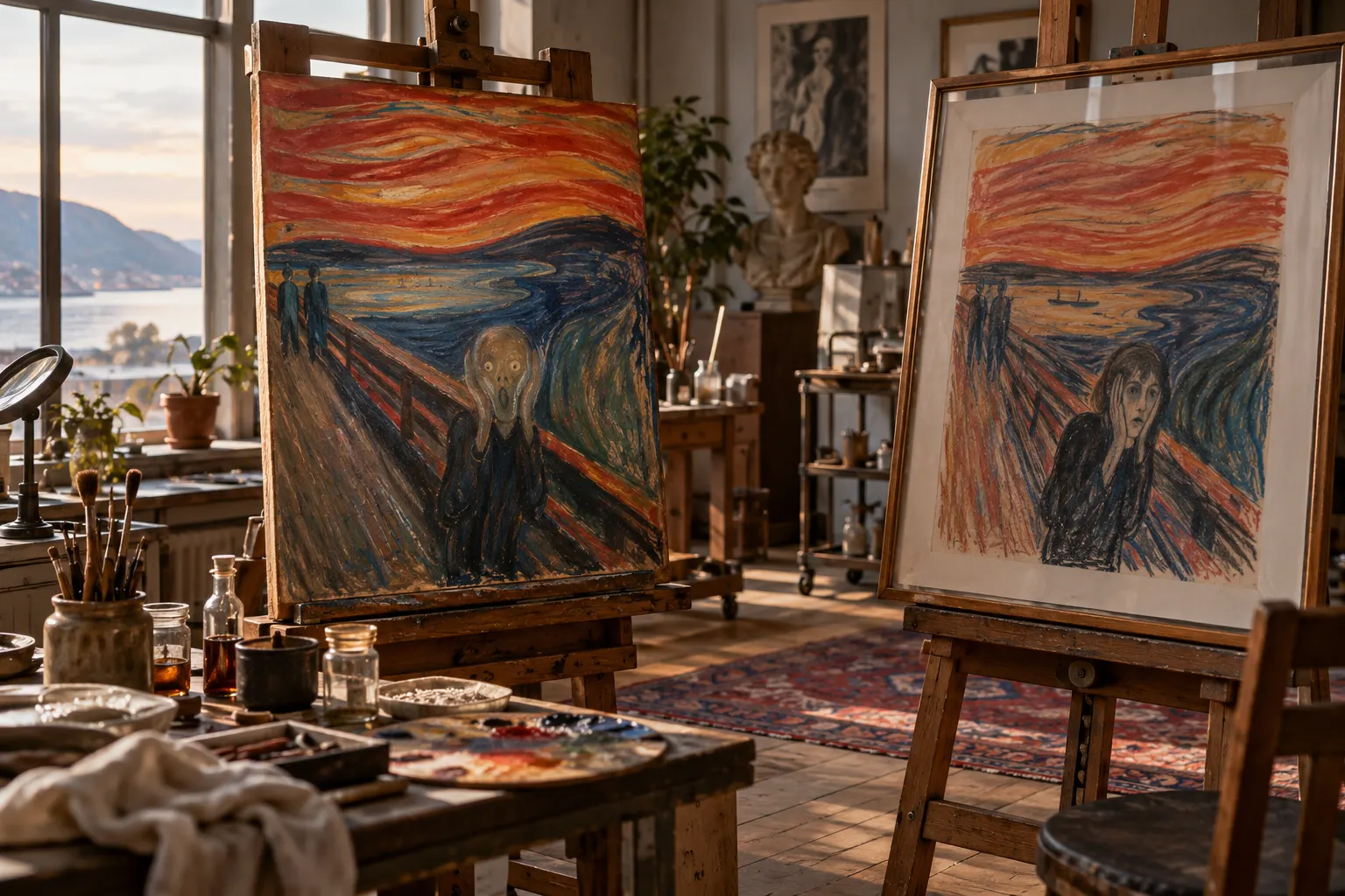 AI-generated symbolic cover. Two invented expressionist figure studies in a conservator studio; general motif only, not reproductions.
