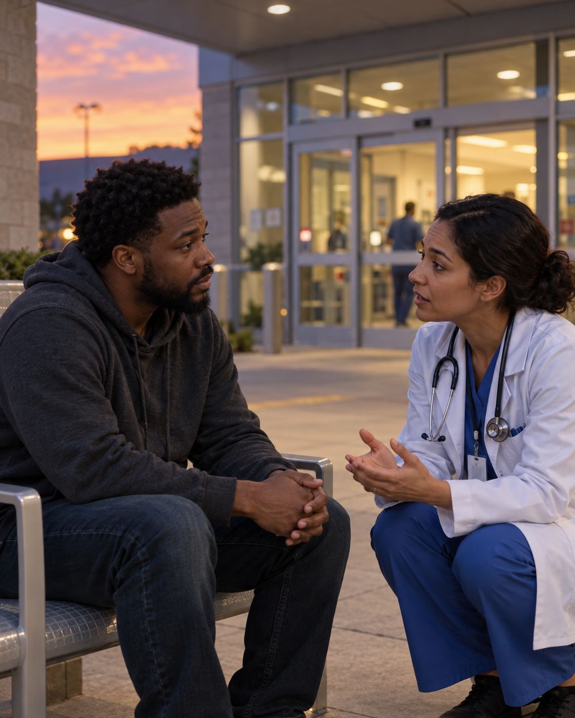 AI-generated non-graphic scene of a clinician talking with a patient outside an emergency department.