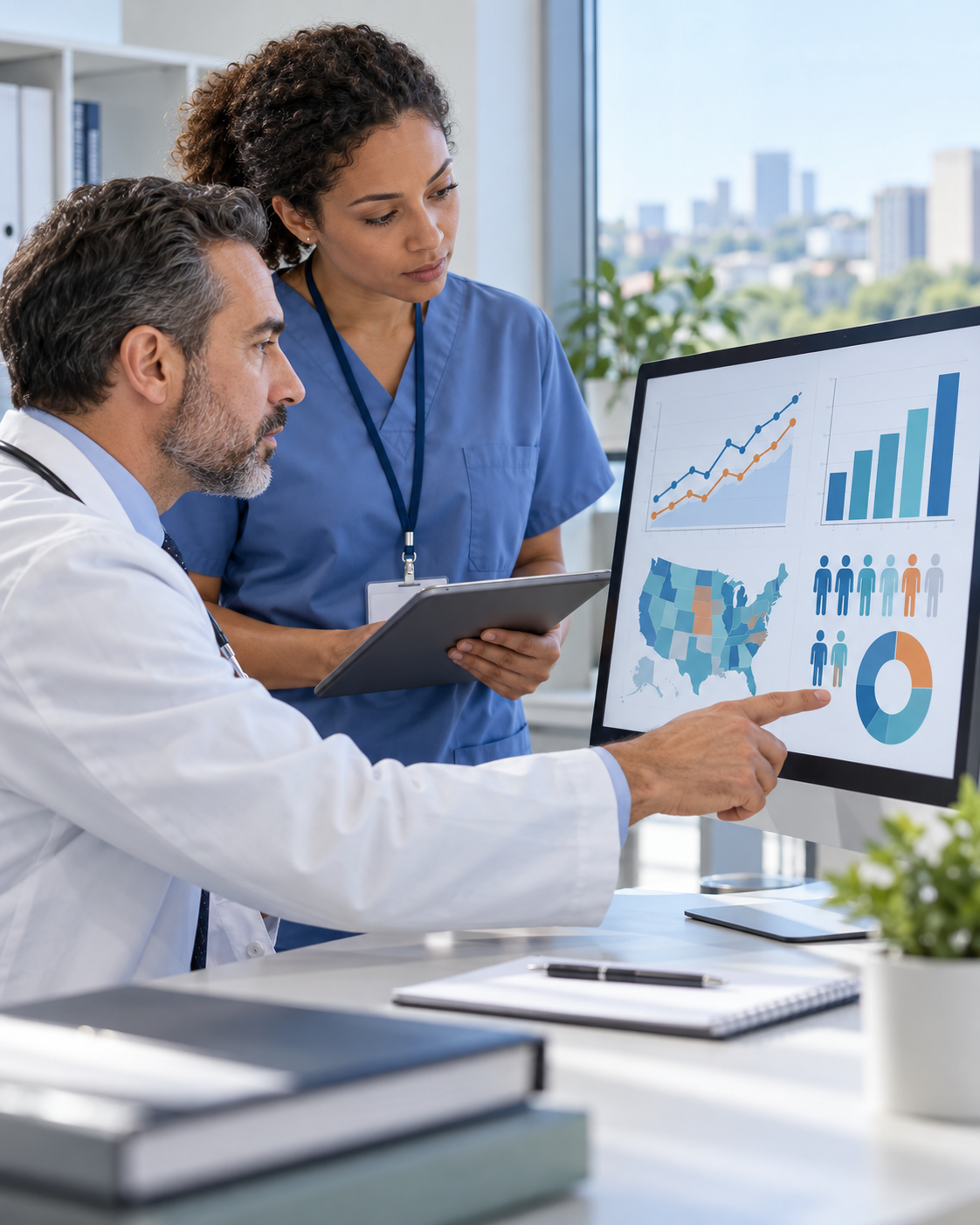 Титульна AI-згенерована ілюстрація / AI-generated cover illustration. Clinicians examine anonymized population health charts.