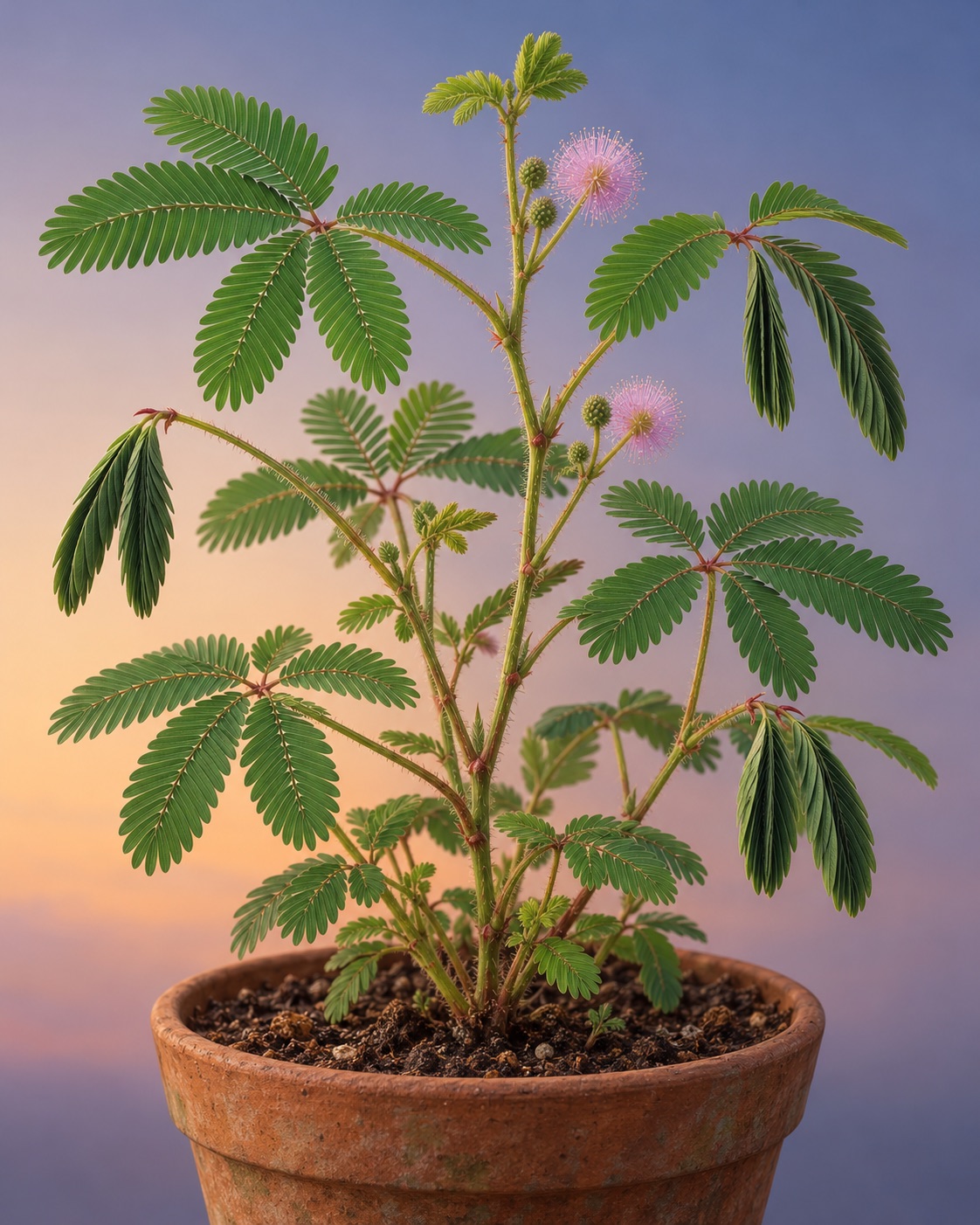 AI-generated conceptual botanical illustration of Mimosa pudica with open and folded leaflets to suggest its day/night movement. It is not a historical reconstruction, photograph, or experimental diagram. Prompt: “Educational botanical illustration, vertical 4:5. A scientifically plausible Mimosa pudica sensitive plant in a pot, several feathery compound leaves with paired leaflets, some open and some folded together to suggest daily movement. Refined museum botanical art with realistic plant detail and soft neutral twilight gradient background. No words, labels, clock symbols, people, or split-panel border. Conceptual, not an actual experiment.” Generated 2026-10-29; no external source or documentary role.