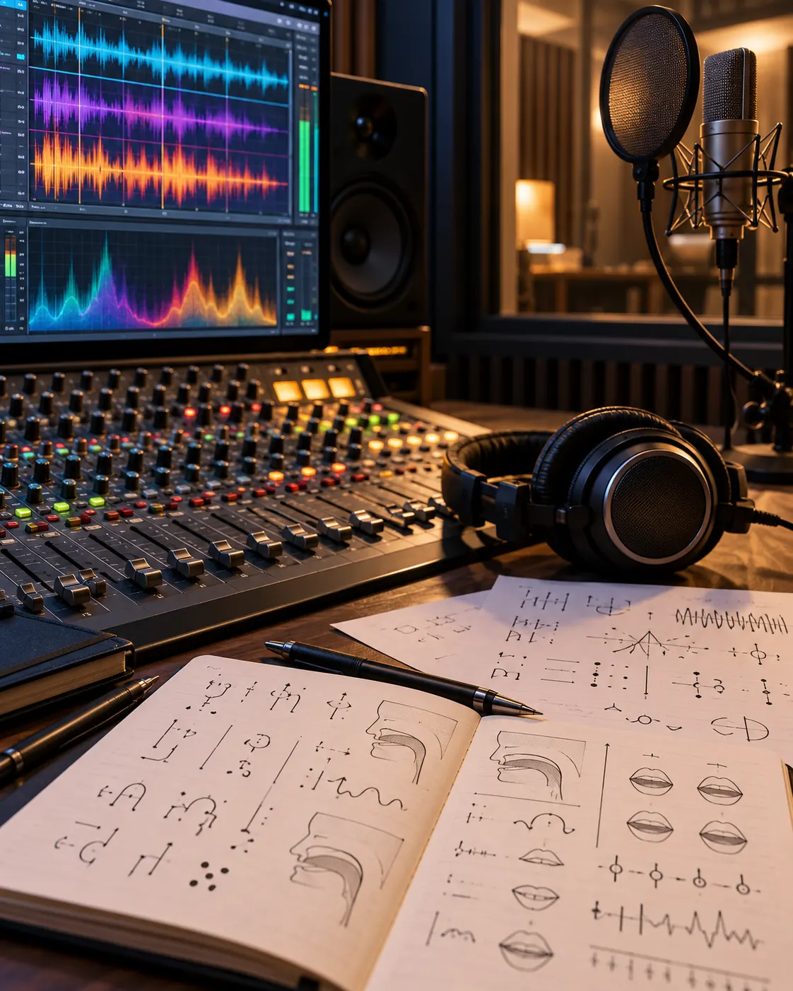 AI-generated symbolic studio image about invented speech and sound design; no animated characters are depicted.