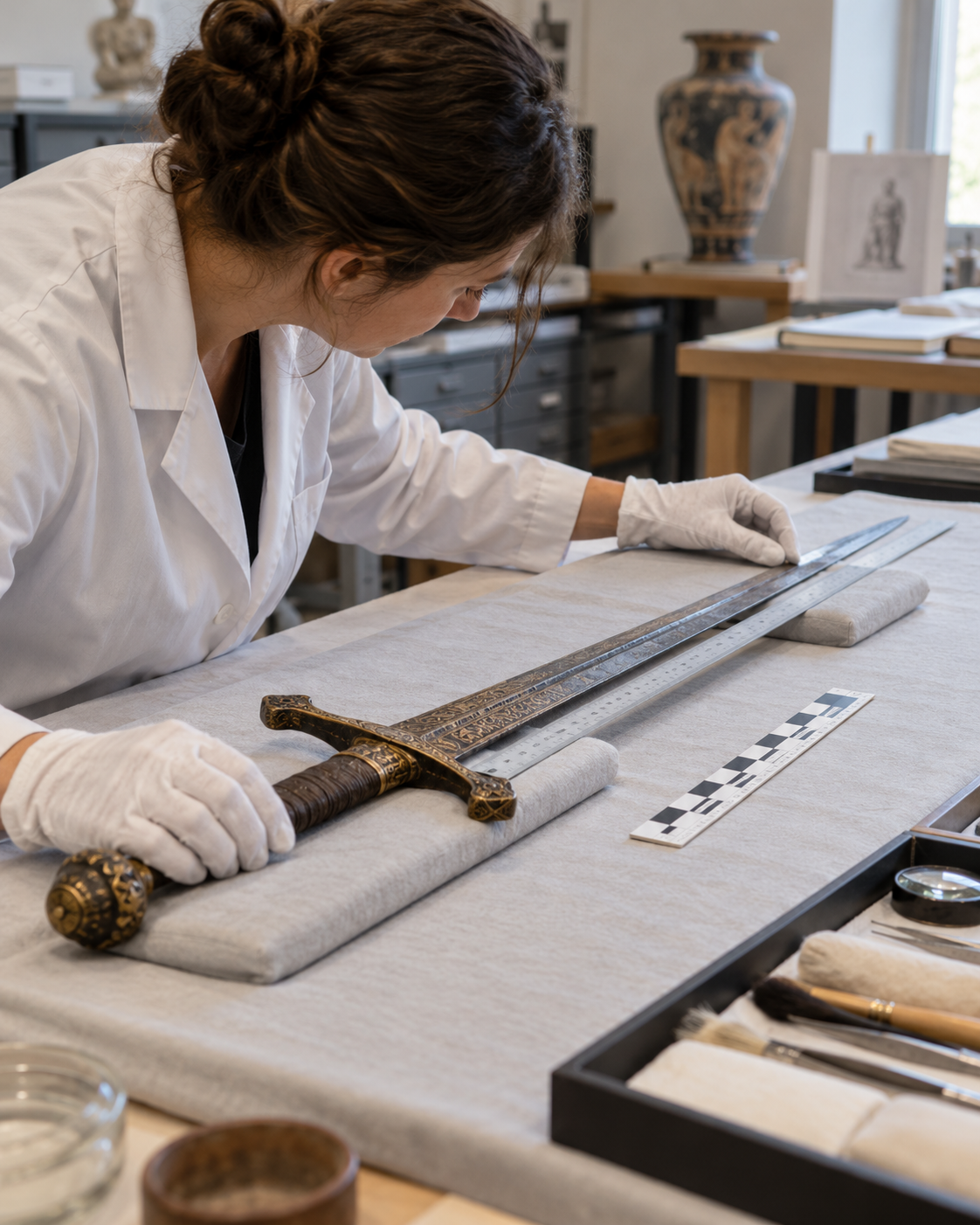 AI-generated with OpenAI image generation. Prompt: “Distinct photorealistic editorial scene in a conservation lab: a museum curator carefully measures a long historical sword on a padded table using a ruler and archival scale, hands gloved, no readable text, no logos, no people’s faces, no violence. Educational heritage documentation, soft natural light, portrait 4:5.”