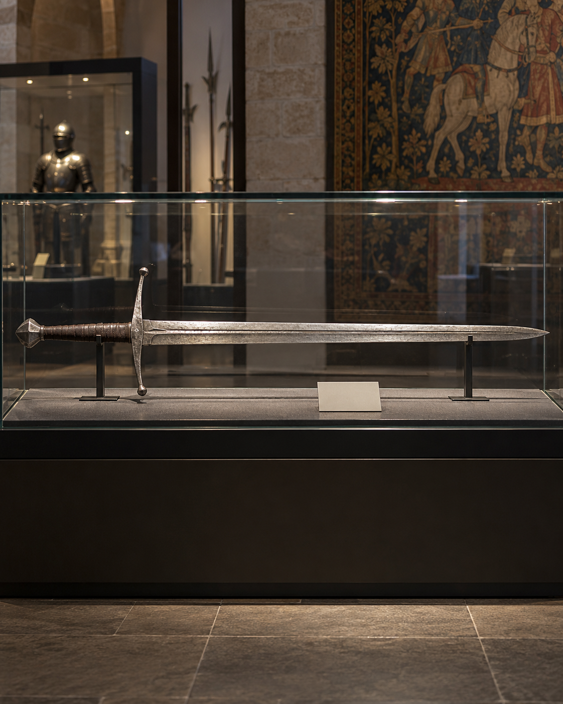 AI-generated with OpenAI image generation. Prompt: “Photorealistic editorial cover for a museum history article about the weight of two-handed swords. A long late-medieval European sword displayed horizontally in a glass museum case beside a simple blank measurement card, no readable text, no people, no combat, no logos. Accurate museum lighting, clean documentary style, portrait 4:5 framing.”