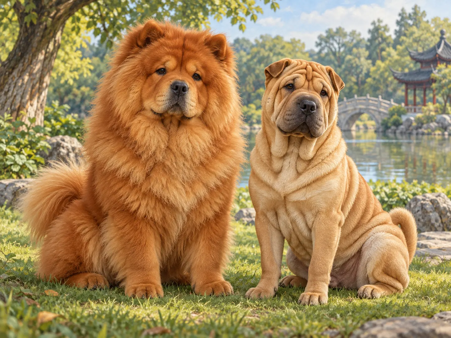 original AI-generated editorial illustration of a Chow Chow and Chinese Shar-Pei. Generated for this package on 2026-10-13. No external author, source URL, or third-party reuse license applies; the project may reuse this generated image. It does not show tongue color and is illustrative, not photographic evidence. Both language versions disclose the AI origin.