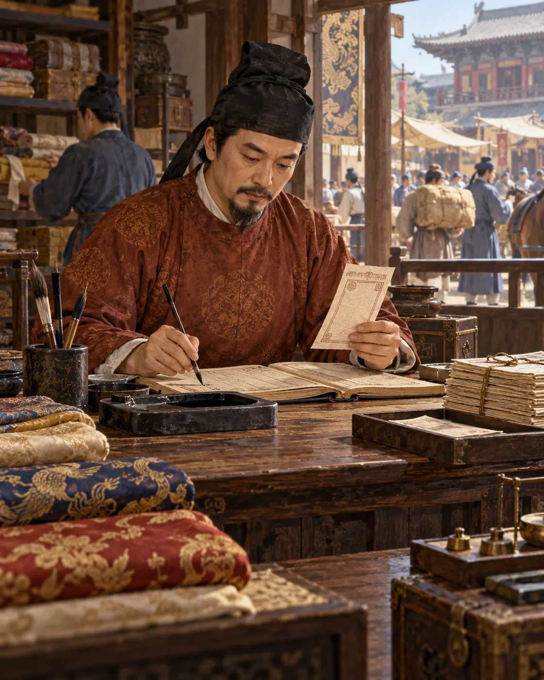 AI-generated illustrative reconstruction of an early Chinese merchant's paper receipt and market office. It is not an authentic Tang note or a specific historical artifact. Generated with OpenAI image generation; no external source or reuse license applies.