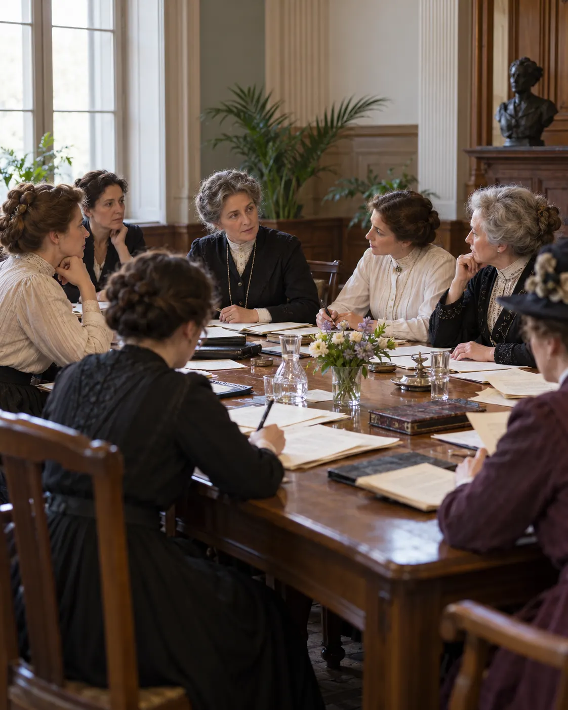 AI-generated editorial reconstruction (created 2026-10-19) of an anonymous early 20th-century women's peace congress; not a documented photograph or depiction of von Suttner. Exact prompt: “Photorealistic editorial reconstruction of an early 20th-century women's peace congress in Europe: anonymous women delegates seated around a wooden meeting table with papers, modest period clothing, a calm civic hall, vertical 4:5. Illustrative generic gathering, not a documented photograph or depiction of Bertha von Suttner, no slogans, flags, text or logos.”