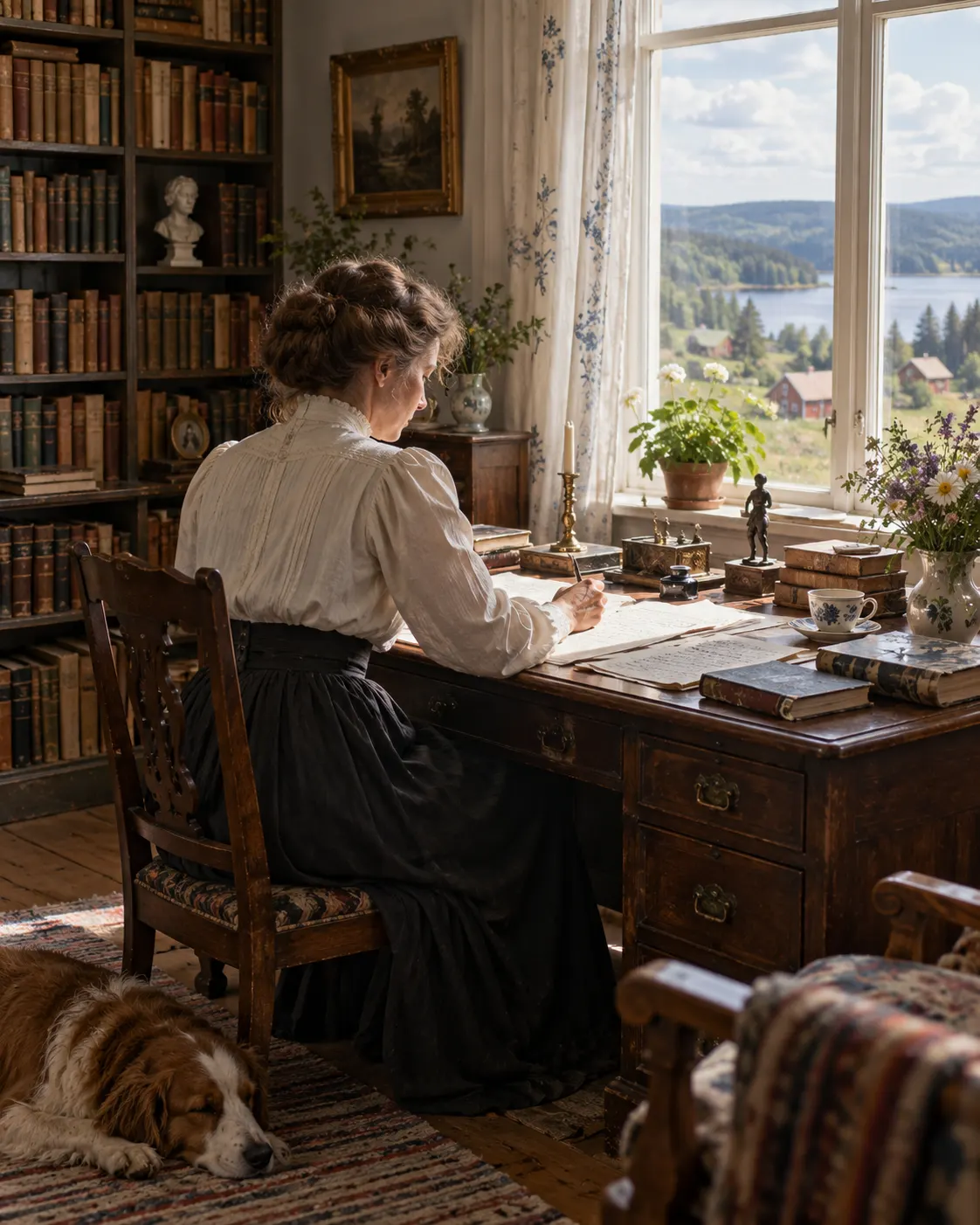AI-generated editorial reconstruction (created 2026-10-19) of an anonymous writer at work in early 20th-century Sweden; not a portrait of Lagerlöf or a documented photograph. Exact prompt: “Photorealistic editorial reconstruction of a woman writer's study in early 20th-century Sweden: anonymous author at a desk beside handwritten pages, bookshelves and a bright window looking onto a rural landscape, vertical 4:5. Evocative generic literary scene, not a portrait of Selma Lagerlöf or a documented photograph, no legible writing or logos.”