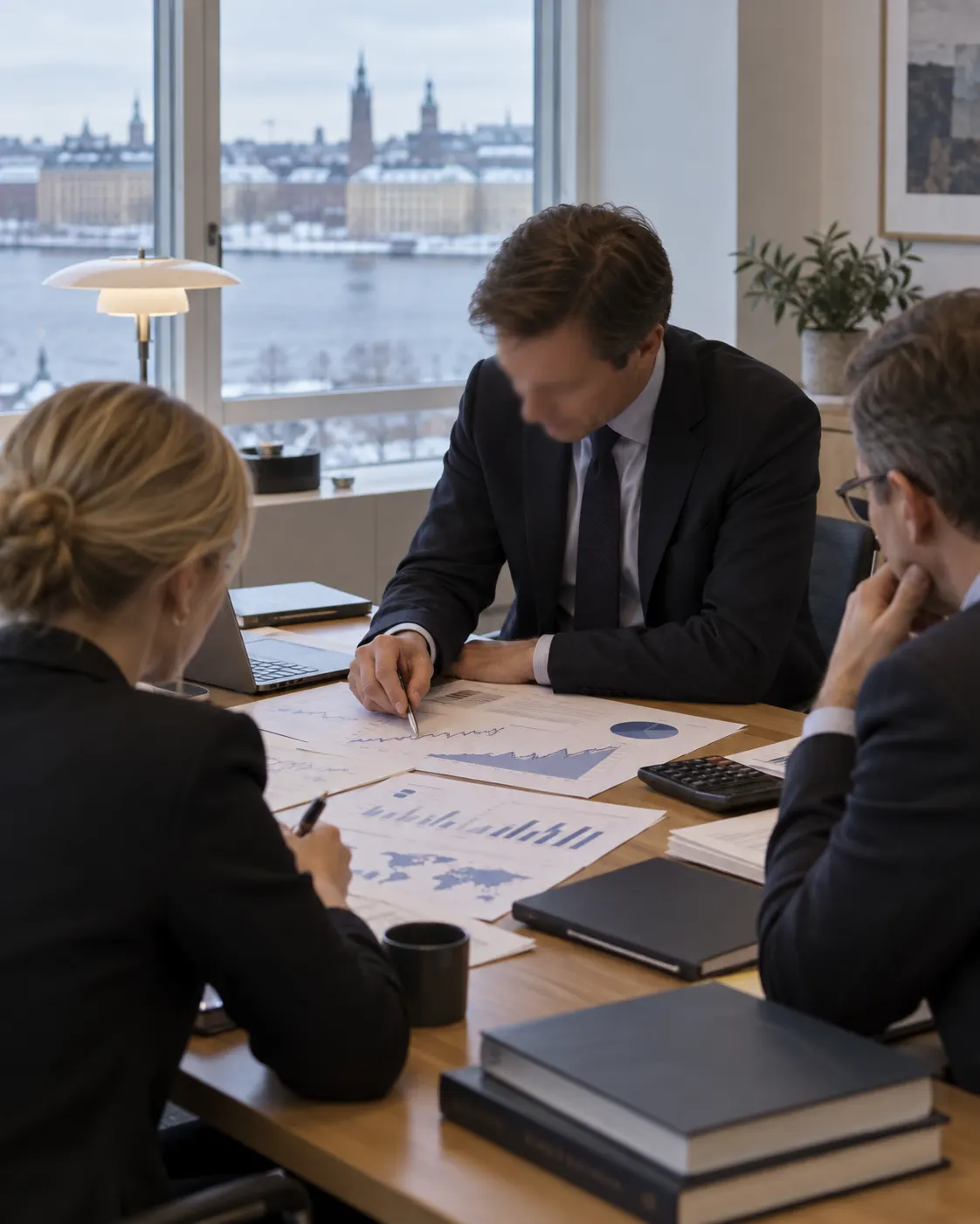 AI-generated editorial reconstruction (created 2026-10-19) of an anonymous finance team reviewing long-term endowment papers; not Nobel Foundation staff or a documented meeting. Exact prompt: “Photorealistic editorial reconstruction of a foundation finance team reviewing long-term endowment papers in a Scandinavian office in 2012, three anonymous staff members around a table with charts and a calculator, faces indistinct, vertical 4:5. Generic scene, not Nobel Foundation staff or a documented meeting, no readable text, numbers, or logos.”