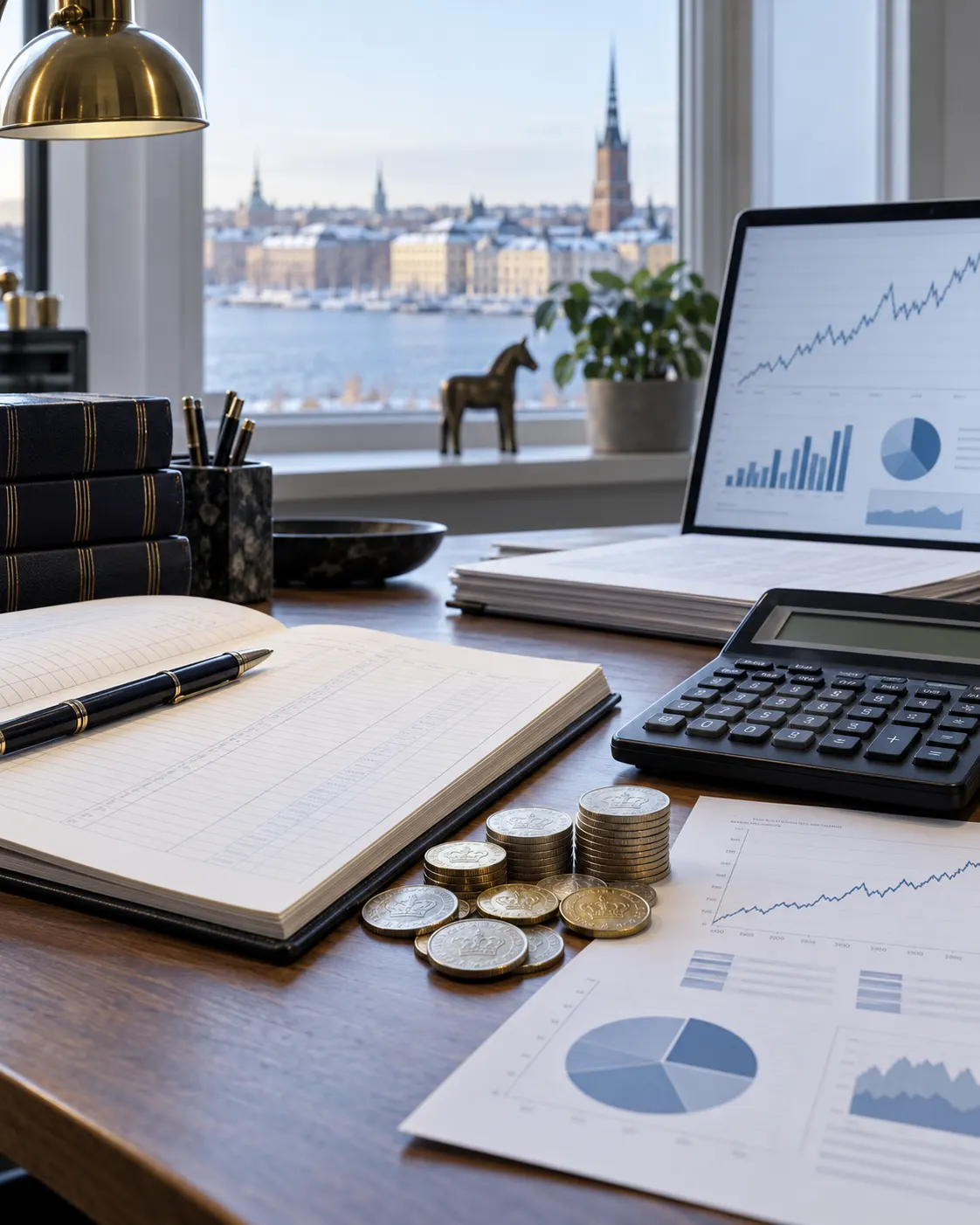 AI-generated editorial illustration (created 2026-10-19) of generic foundation accounts and charts in a Stockholm office; chart marks are illustrative and contain no reliable figures. Exact prompt: “Photorealistic editorial image of a financial stewardship desk in a Swedish foundation office around 2012: ledger, calculator, Swedish krona coins and investment charts with no legible numbers, cool daylight, vertical 4:5. Generic illustration of long-term fund management, no institution branding or readable text.”