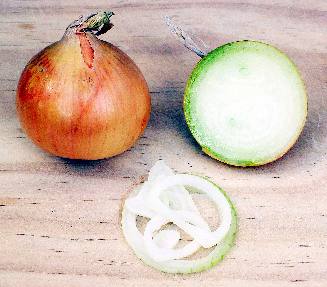 Bulbes d'oignons. Original file: [Onion.jpg](https://commons.wikimedia.org/wiki/File%3AOnion.jpg). Creator: Donovan Govan.. License: CC BY-SA 3.0 (http://creativecommons.org/licenses/by-sa/3.0/). Attribution: Donovan Govan.. Downloaded from the verified Commons file page; unaltered image. Checked 2026-10-25.