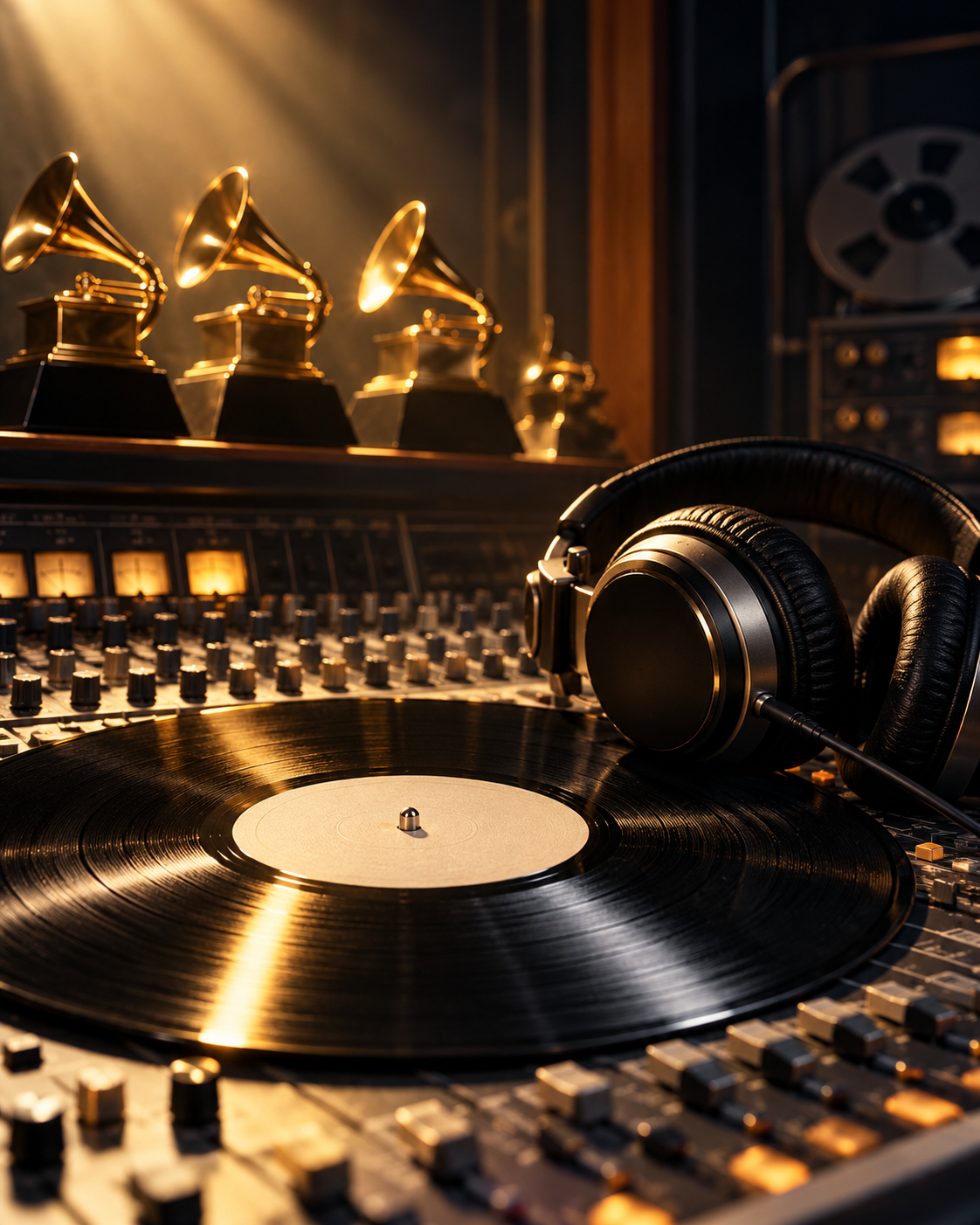 AI-generated illustrative cover, created 2026-10-25. Prompt: “Editorial music photograph, vertical 4:5, black vinyl record and headphones on a studio console under dramatic light, no album cover art, no artist likeness, no logos or text. Illustrative cover about the legacy and awards of a landmark 1982 pop album.”