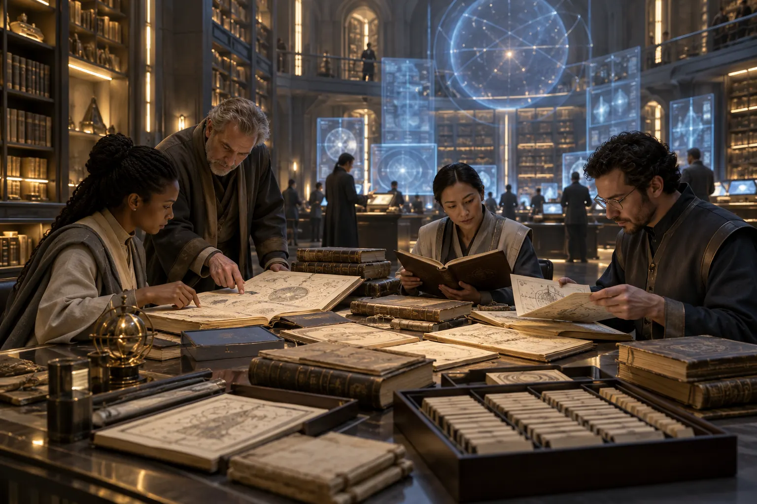 AI-generated fictional reconstruction of researchers assembling an encyclopedia from books, handwritten pages, and records in a futuristic archive.