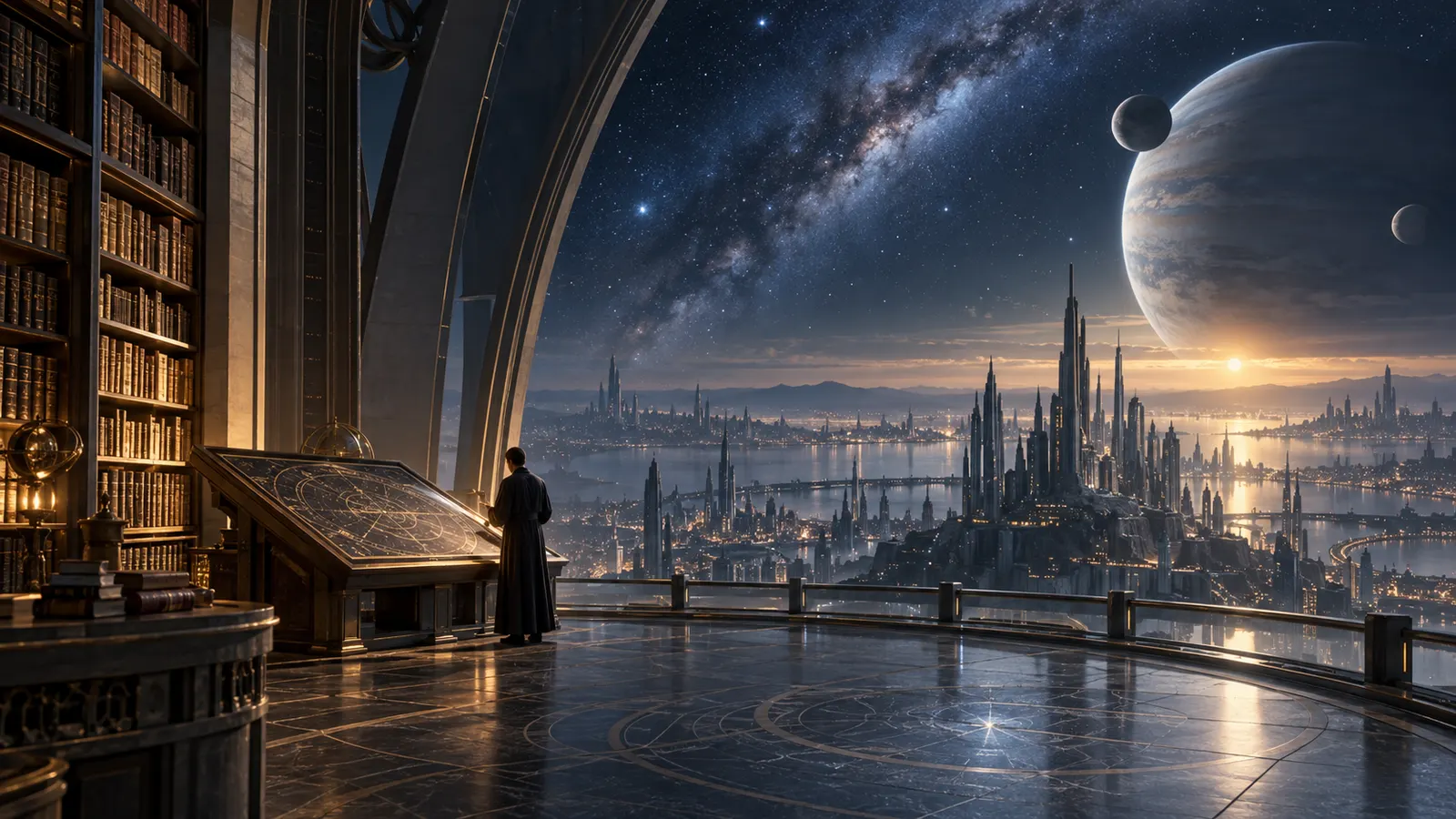 AI-generated fictional reconstruction of an observer studying a star map above a vast galactic city, suggesting the saga’s long civilizational horizon.