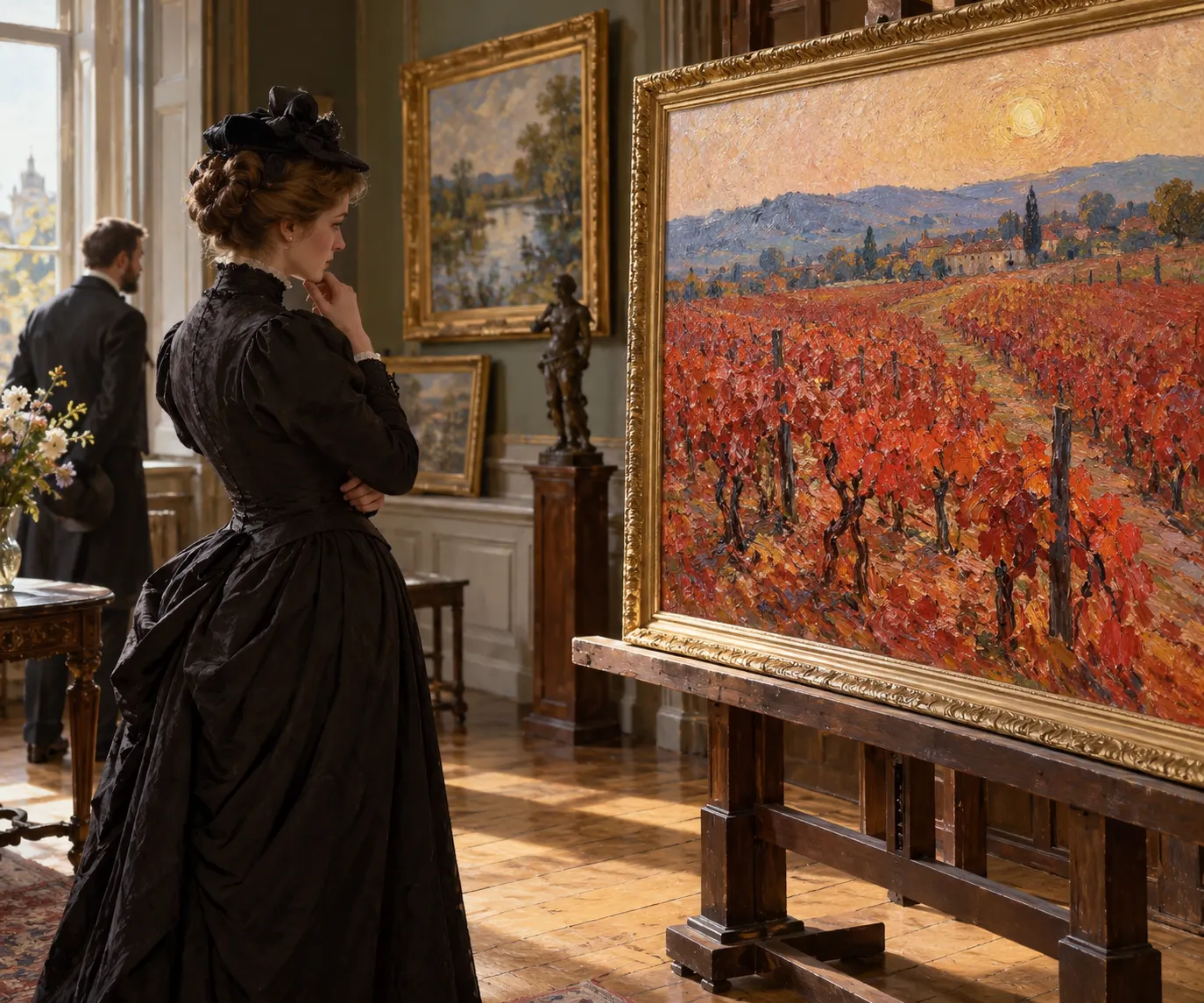 AI-generated symbolic cover. An invented late nineteenth-century collector studies a red vineyard painting; symbolic scene, not Anna Boch or the actual work.