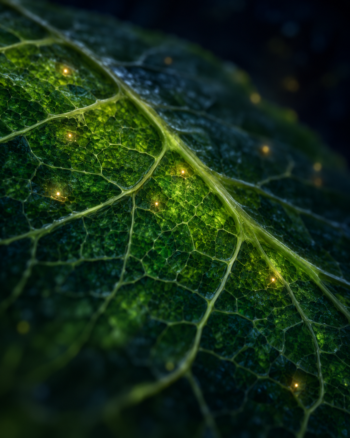 Conceptual macro view of leaf veins and cell-like textures with a few exaggerated photon points; not microscope data and not visible glow.