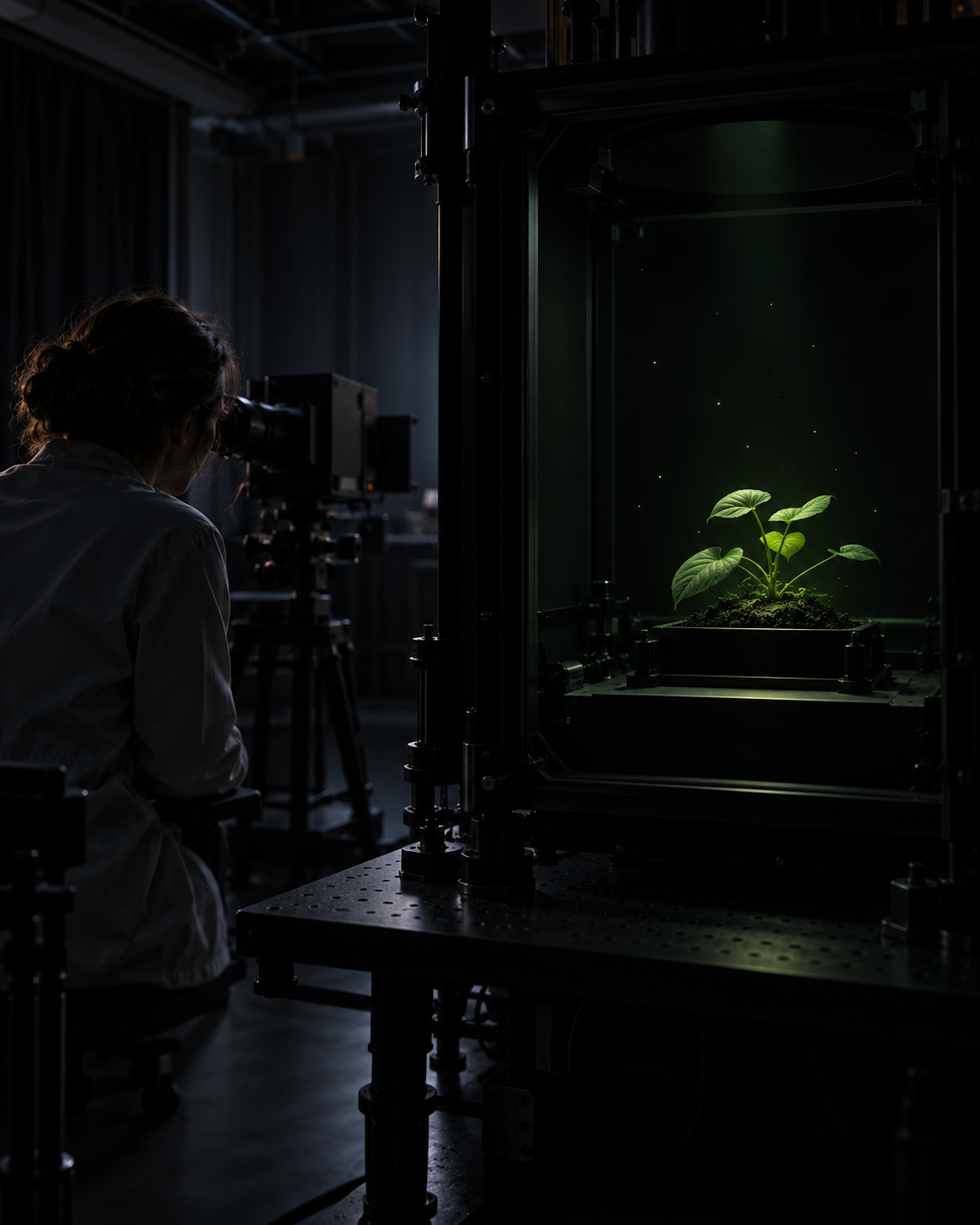 Fictional darkroom scene with researcher, plant and sensitive camera; faint specks are symbolic and not visible to the unaided eye.