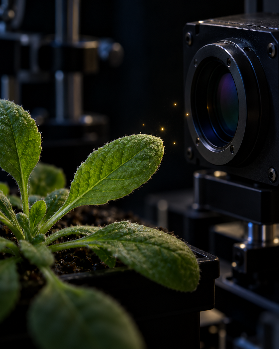 AI illustration of a leaf in a dark laboratory with an exaggerated photon signal.