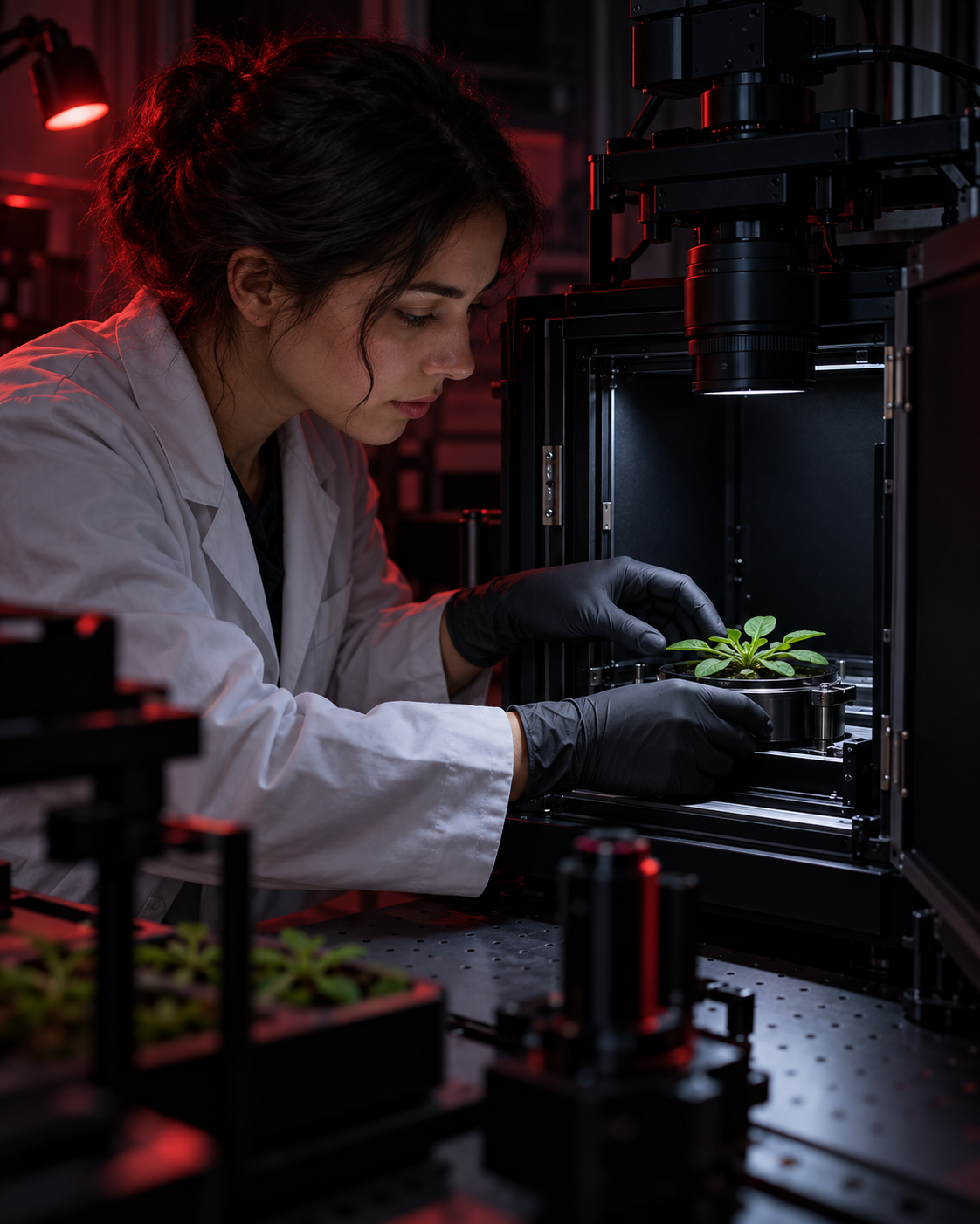 Fictional plant researcher carefully places an Arabidopsis rosette in an imaging chamber; no photons are visible to the eye.
