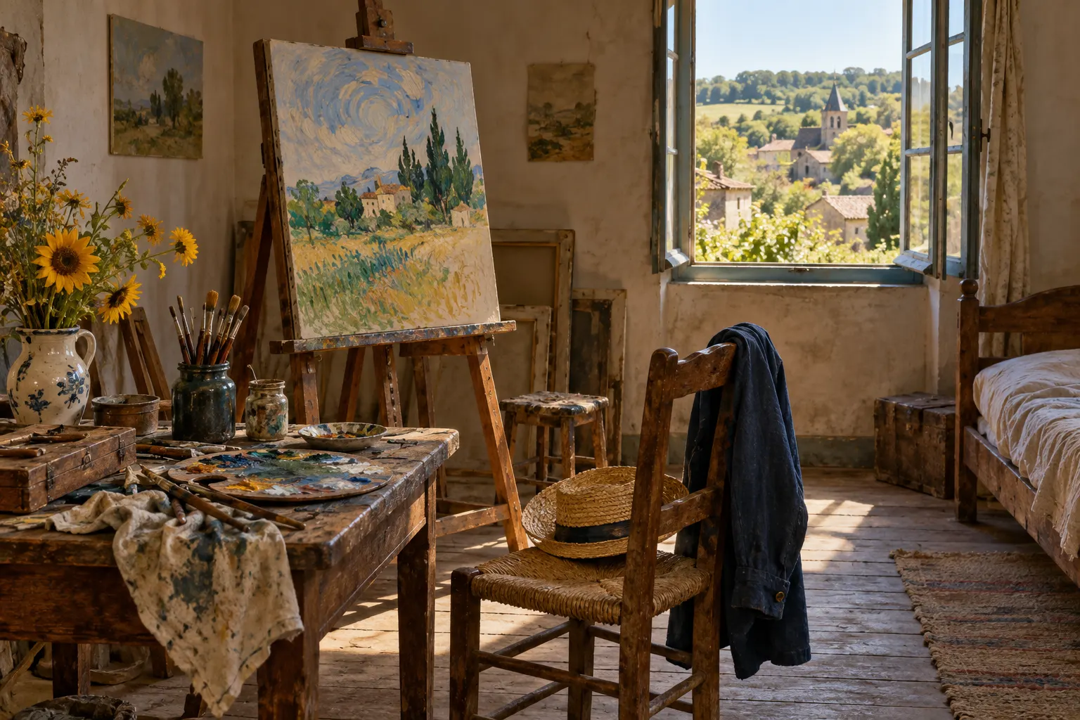 Титульна AI-згенерована ілюстрація / AI-generated cover illustration. Symbolic imagined artist room in Auvers around 1890, rural window view and invented landscape study; not the actual room, painting or an identified view.