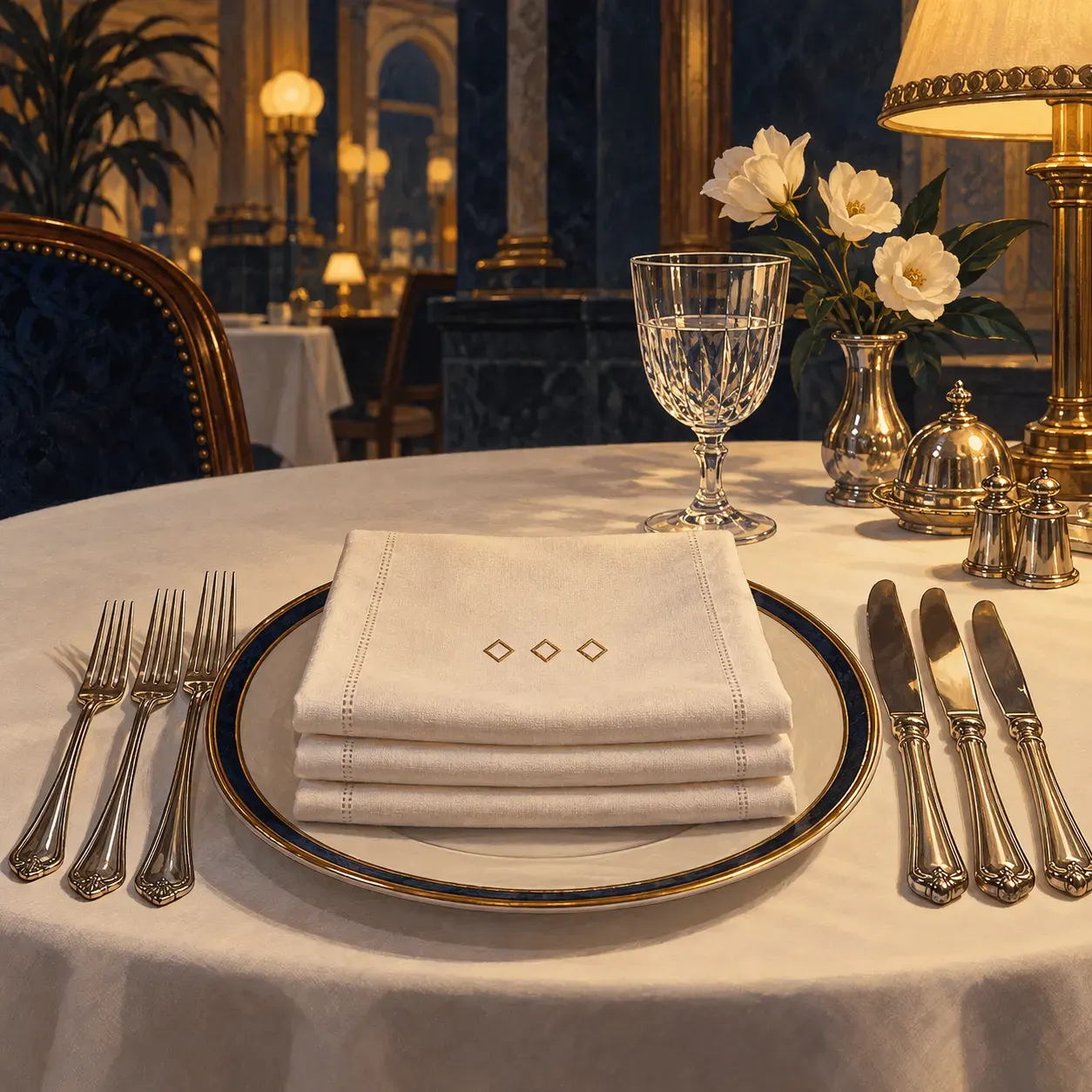 AI-generated symbolic hotel table with linen napkins and silverware. It does not depict Tesla or a verified historical setting and is not documentary evidence. Creator: OpenAI image generation. No external media or reuse license applies.